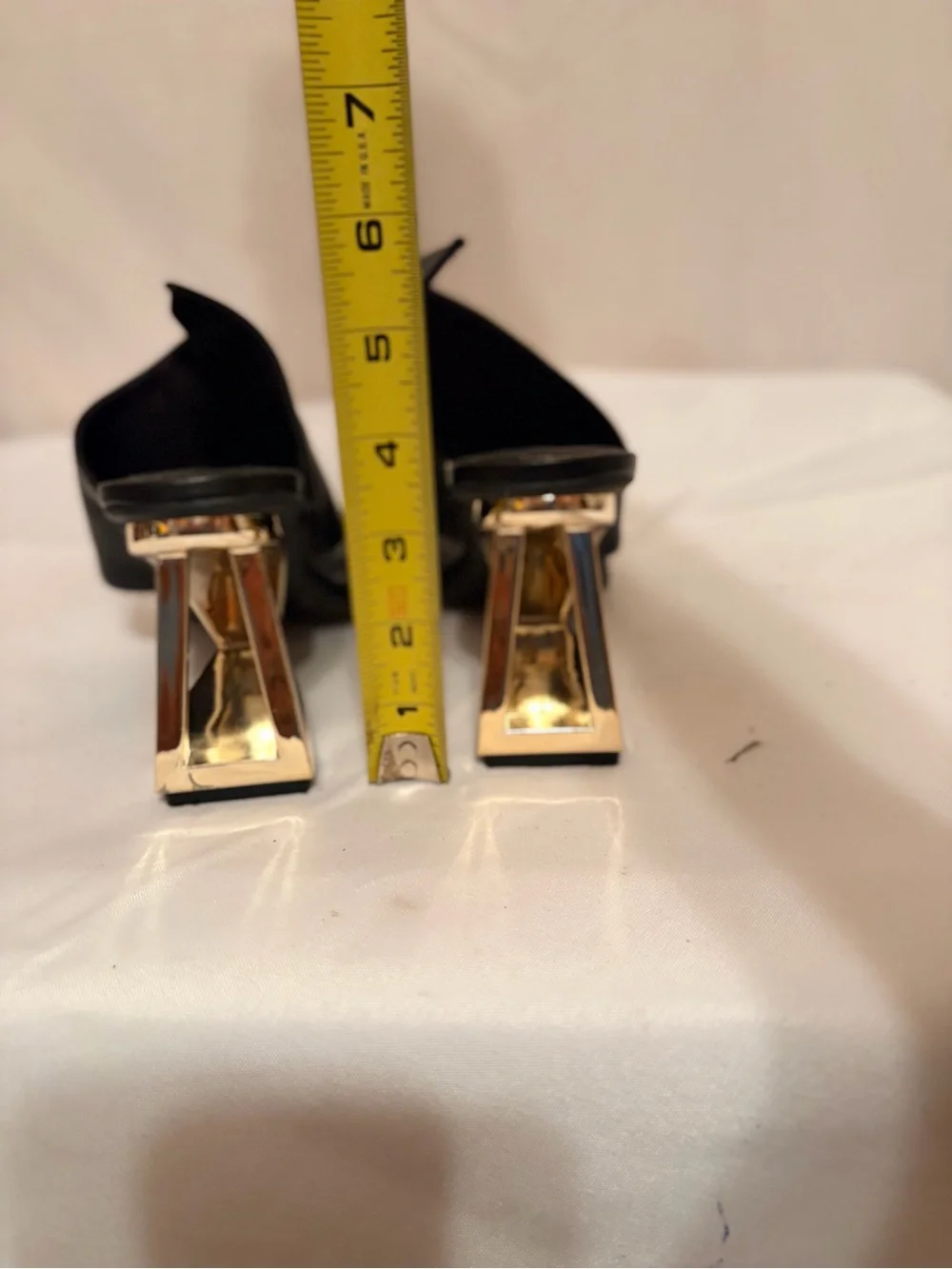 Gianni Bini Zeema unique gold architectural heels with black leather upper